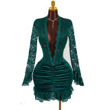 Elegant Long Sleeve Lace-Trimmed Solid Color Pleated Deep V Bodycon Mini Dress