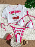 Stylish Women's Cherry Print Three-Piece Swimsuit Set