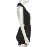Unique Deep V Neck Halter Backless Mini Dress