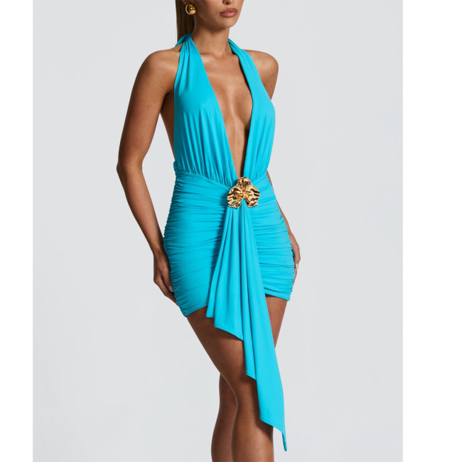 Sexy Tie-Front Deep V Ruched Dress with Metallic Accents