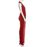 Deep V Sexy Sleeveless Halter Backless Ruffled Panel Dress