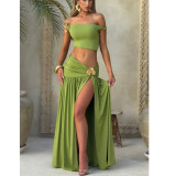 Sexy Off-Shoulder Crop Top & Ruffled Metallic Accent Maxi Dress Set