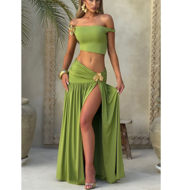 Sexy Off-Shoulder Crop Top & Ruffled Metallic Accent Maxi Dress Set