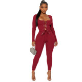 Front Tie Long Sleeve Solid Color Slim-Fit Two-Piece Set