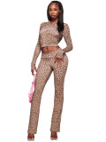 Leopard Print Hooded Long Sleeve Thumbhole Micro Flare Two-Piece Set