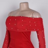 Off-Shoulder Pearl Mesh Sleeve Slim-Fit Wide-Leg Jumpsuit