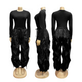 Slim Fit Top & Wide Leg Lace Panel Pants Set