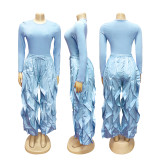 Slim Fit Top & Wide Leg Lace Panel Pants Set