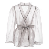 Sheer Mesh Tie-Up Shirt Dress for Women