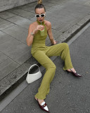 Chic Halter Neck Top and Wide-Leg Pants Two-Piece Set for Office Wear