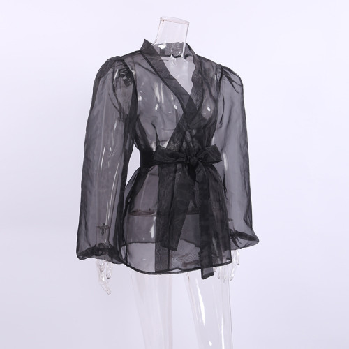 Sheer Mesh Tie-Up Shirt Dress for Women