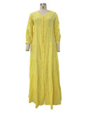 Bohemian Solid Color V-Neck Loose Long Sleeve Cotton-Linen Dress