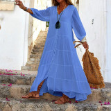 Bohemian Solid Color V-Neck Loose Long Sleeve Cotton-Linen Dress