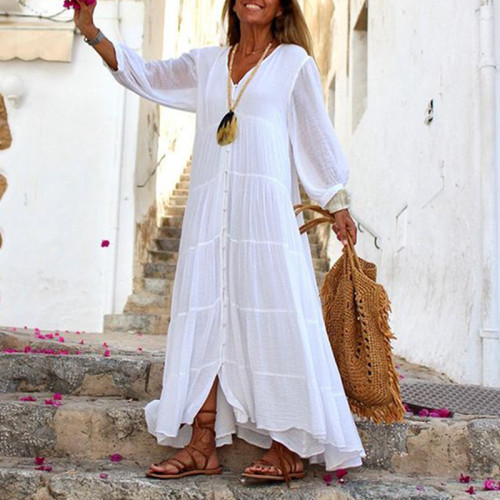 Bohemian Solid Color V-Neck Loose Long Sleeve Cotton-Linen Dress