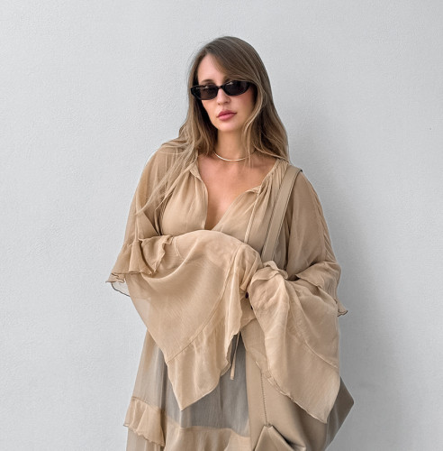 Seductive Sheer Chiffon Dress with Loose Batwing Sleeves