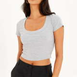 Cotton Ribbed U-Neck Short Sleeve Crop Top for Women