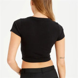 Cotton Ribbed U-Neck Short Sleeve Crop Top for Women