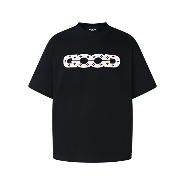 Goodbrand Hollow GOOD Colorful Rhinestone Printed Short Sleeve T-Shirt