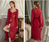 Sheer Mesh Lace Panel Front-Slit Nightgown and Robe Set