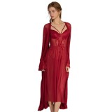 Sheer Mesh Lace Panel Front-Slit Nightgown and Robe Set