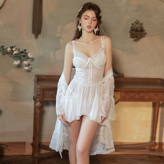 Lace and Mesh Nightgown Set with Underwire Support for Women