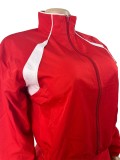 Color-Block Zip-Up Long Sleeve Jacket & Drawstring Pleated Skirt Set for Women