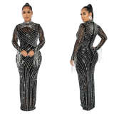 Sheer Mesh Long Sleeve Sparkling Rhinestone Maxi Dress with Inner Lining Two-Piece Set