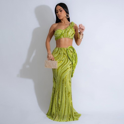 One-Shoulder Crop Top & Bodycon Midi Skirt