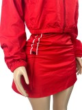 Color-Block Zip-Up Long Sleeve Jacket & Drawstring Pleated Skirt Set for Women