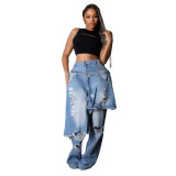 Casual Stretch Denim Apron Distressed Straight-Leg Jeans