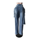 Casual Stretch Denim Apron Distressed Straight-Leg Jeans