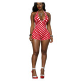Floral Polka Dot Slim Fit Stretch Halter Short Jumpsuit