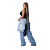 Casual Stretch Denim Apron Distressed Straight-Leg Jeans