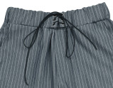 Casual Striped Collared Long Sleeve Front Tie Shirt and Shorts Set