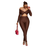 Collared Twist Knot Hollow Out Crop Sexy High-Waisted Long Sleeve Jumpsuit