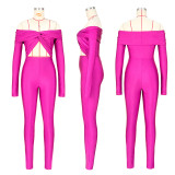 Collared Twist Knot Hollow Out Crop Sexy High-Waisted Long Sleeve Jumpsuit
