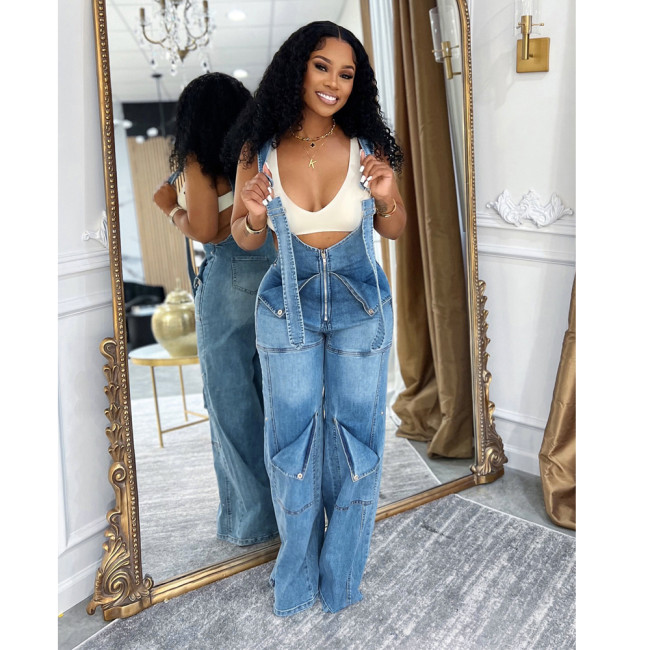Relaxed High-Waisted Women's Fashion Casual Wide-Leg Denim Overalls