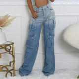 Trendy Multi-Pocket Gradient Stretch Denim Wide-Leg Pants for Women