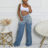 Trendy Multi-Pocket Gradient Stretch Denim Wide-Leg Pants for Women