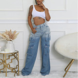 Trendy Multi-Pocket Gradient Stretch Denim Wide-Leg Pants for Women