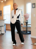 Women's Casual White Color-Blocked Zip-Up Top and Pants Set