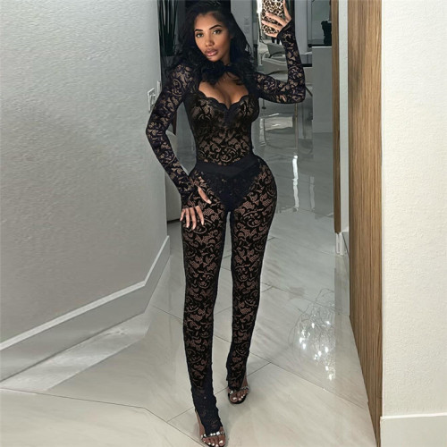 Urban Street Style Lace Hollow Out Sheer Tight Pants Set