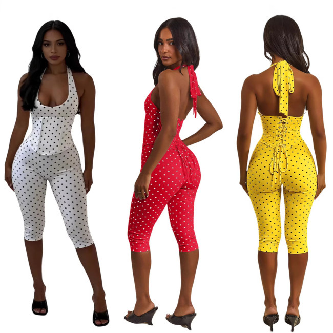Halter Neck Polka Dot Fishbone Zipper Waist Cinching Three-Quarter Jumpsuit (Fake Two-Piece)