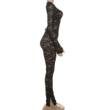 Urban Street Style Lace Hollow Out Sheer Tight Pants Set