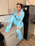 Casual Three-Piece Sports Set: Cardigan Jacket, Cropped Top, and Flared Pants