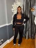 Casual Three-Piece Sports Set: Cardigan Jacket, Cropped Top, and Flared Pants