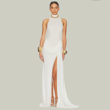 Elegant High-Slit Waist-Cinching Sleeveless Dress