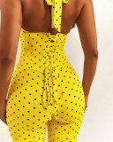 Halter Neck Polka Dot Fishbone Zipper Waist Cinching Three-Quarter Jumpsuit (Fake Two-Piece)