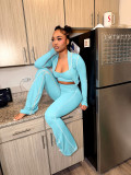 Casual Three-Piece Sports Set: Cardigan Jacket, Cropped Top, and Flared Pants
