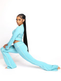 Casual Three-Piece Sports Set: Cardigan Jacket, Cropped Top, and Flared Pants